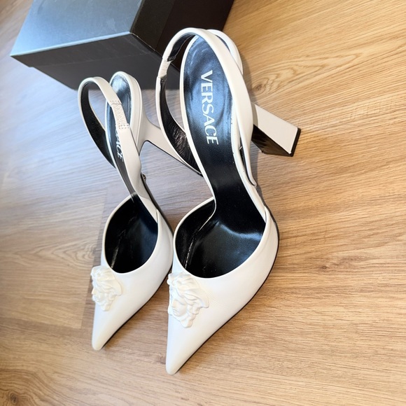 Versace White Pointed Toe Slingback Heels - Picture 2 of 9